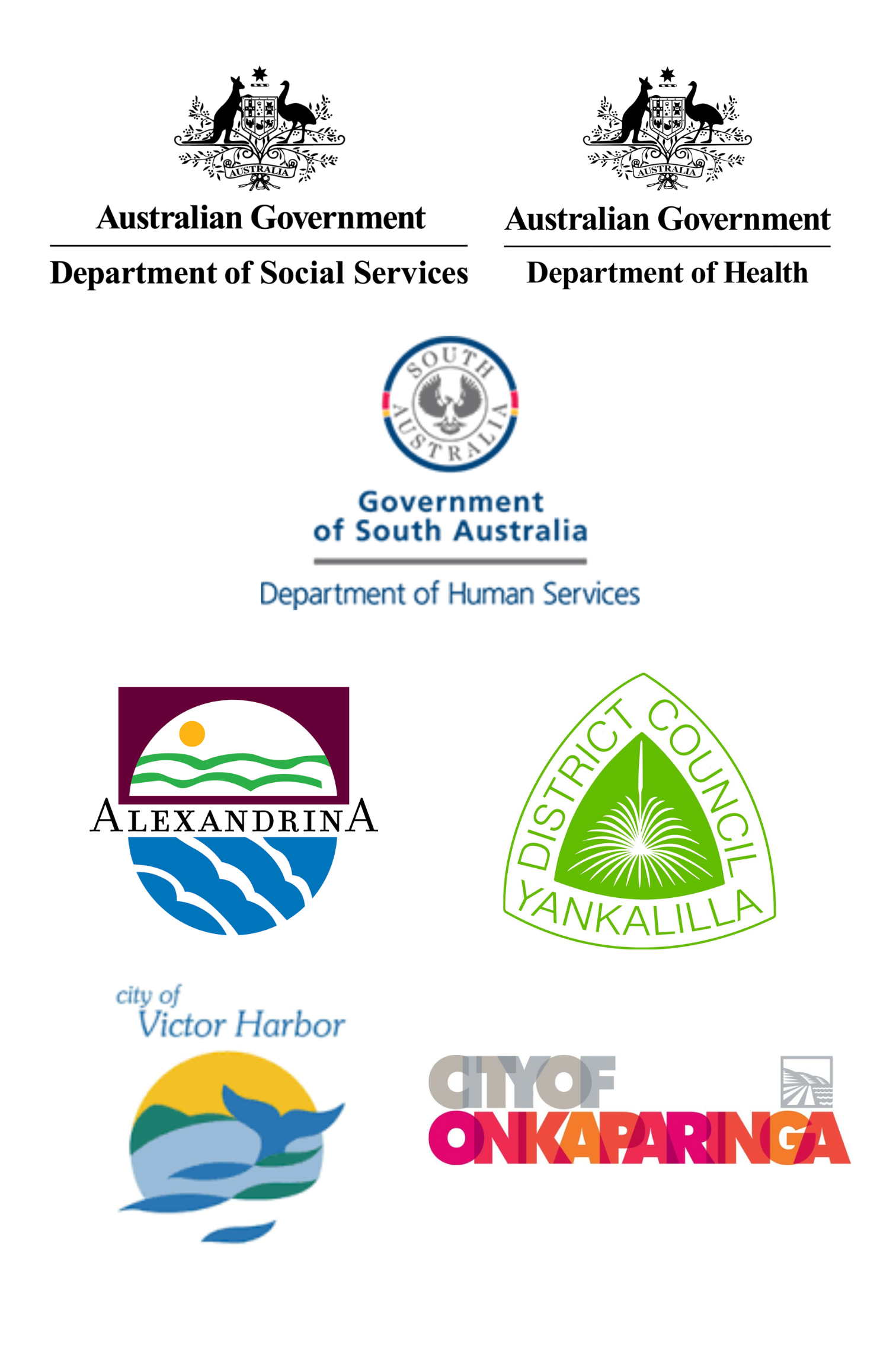 Collection of 7 Organisations logos: The Department of Social Services, the Department of Health, The Department of Human Services, the City of Victor Harbor Council, the City of Alexandrina Council, the District Council of Yankalilla, and the City of Onkaparinga Council.